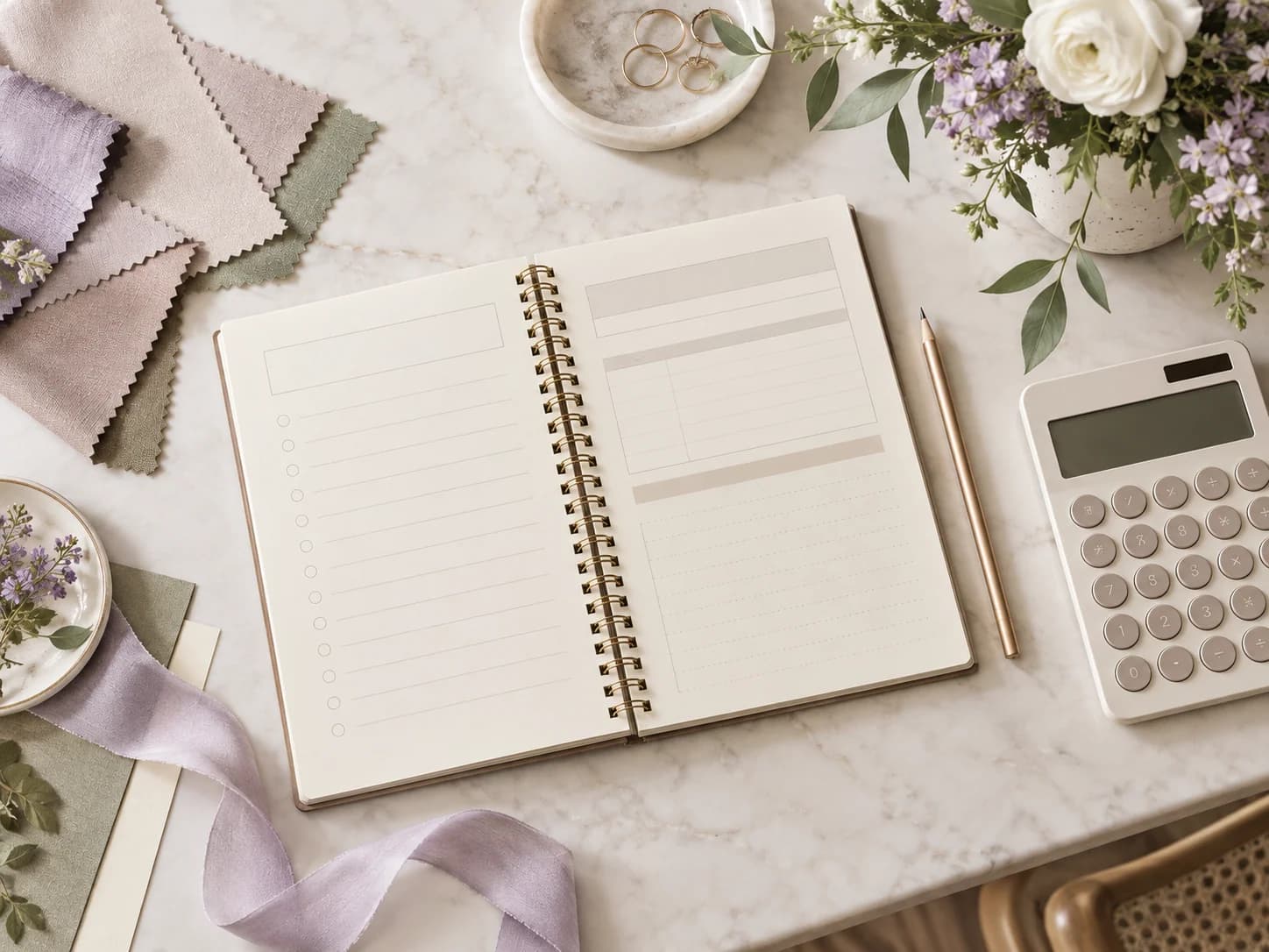 Wedding planning notebook, calculator and fabric swatches on a desk