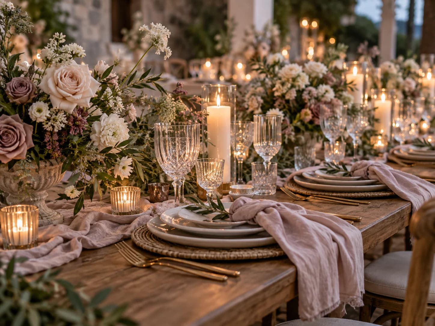 Candlelit wedding reception table layered with florals and glassware