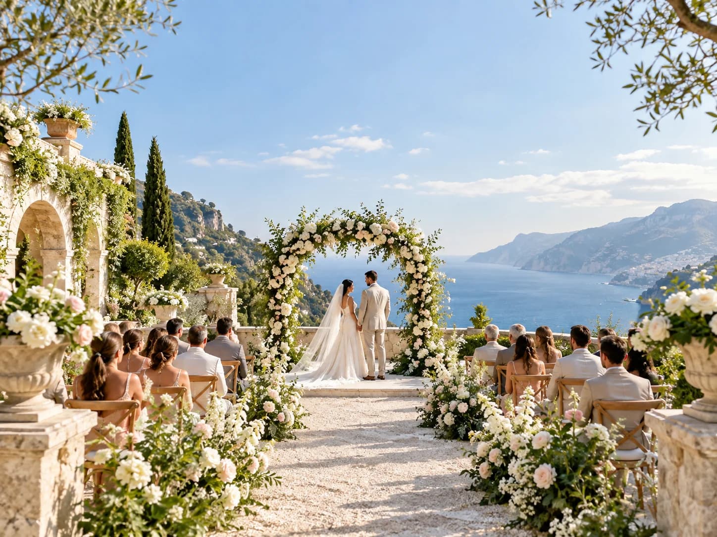 Destination wedding ceremony overlooking a bright coastal landscape
