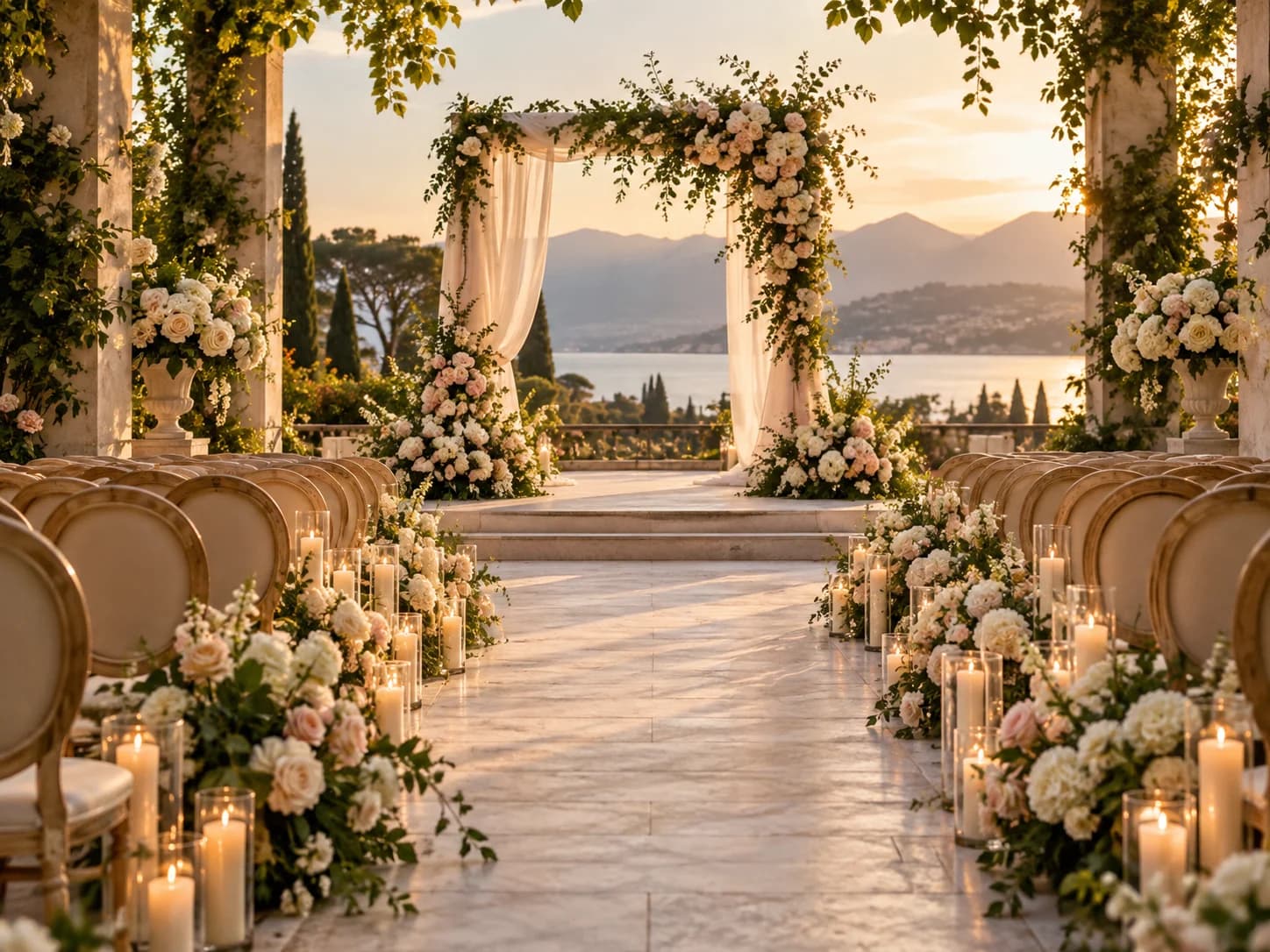 Floral wedding ceremony aisle prepared at golden hour